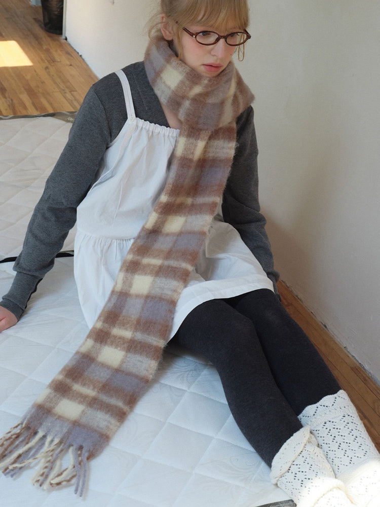 Extra Long Wool Blend Plaid Scarf with Fringe