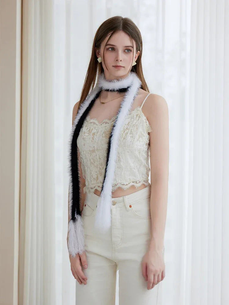 Black & White Faux Mink Skinny Scarf - TEVQA