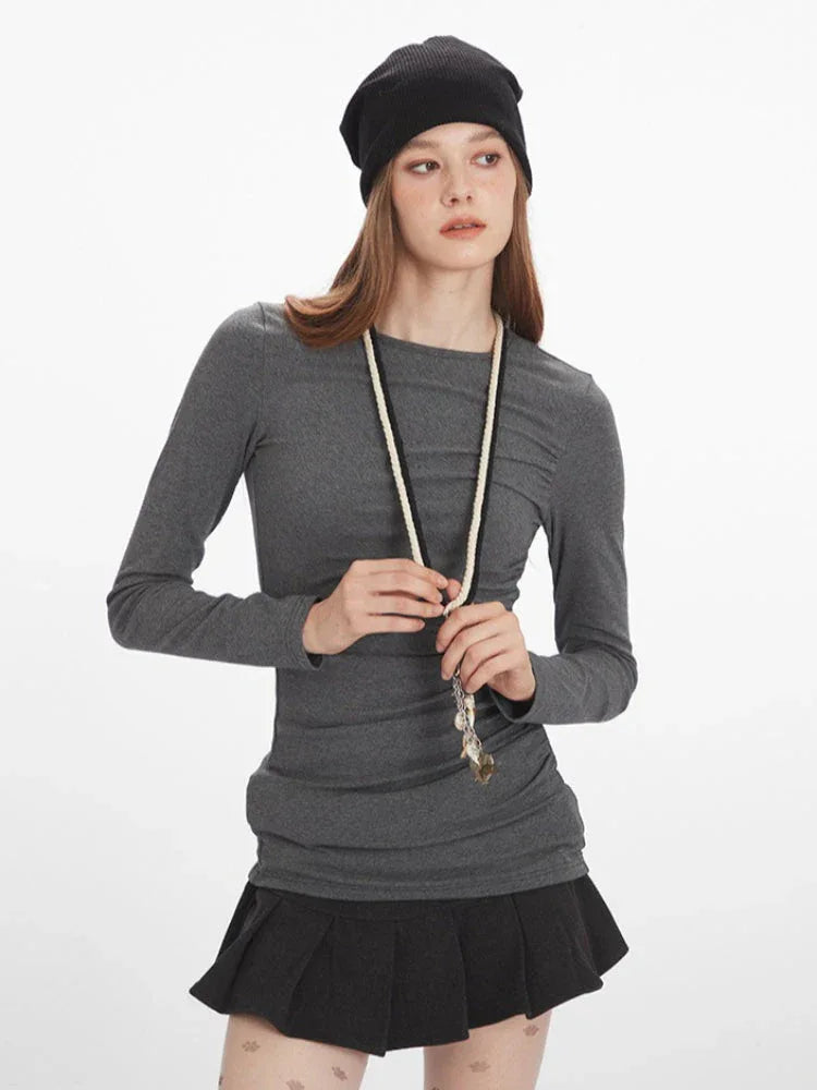 90s Minimalist Ruched Long Sleeve Top - TEVQA