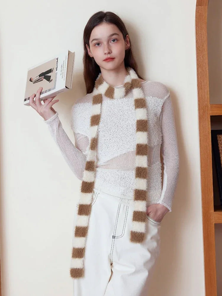 Y2K Fuzzy Striped Skinny Scarf - TEVQA