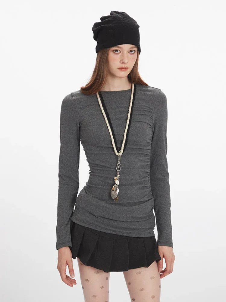 90s Minimalist Ruched Long Sleeve Top - TEVQA