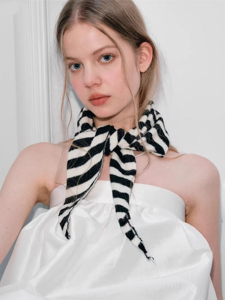 Black White Striped Knit Wool Blend Triangle Scarf