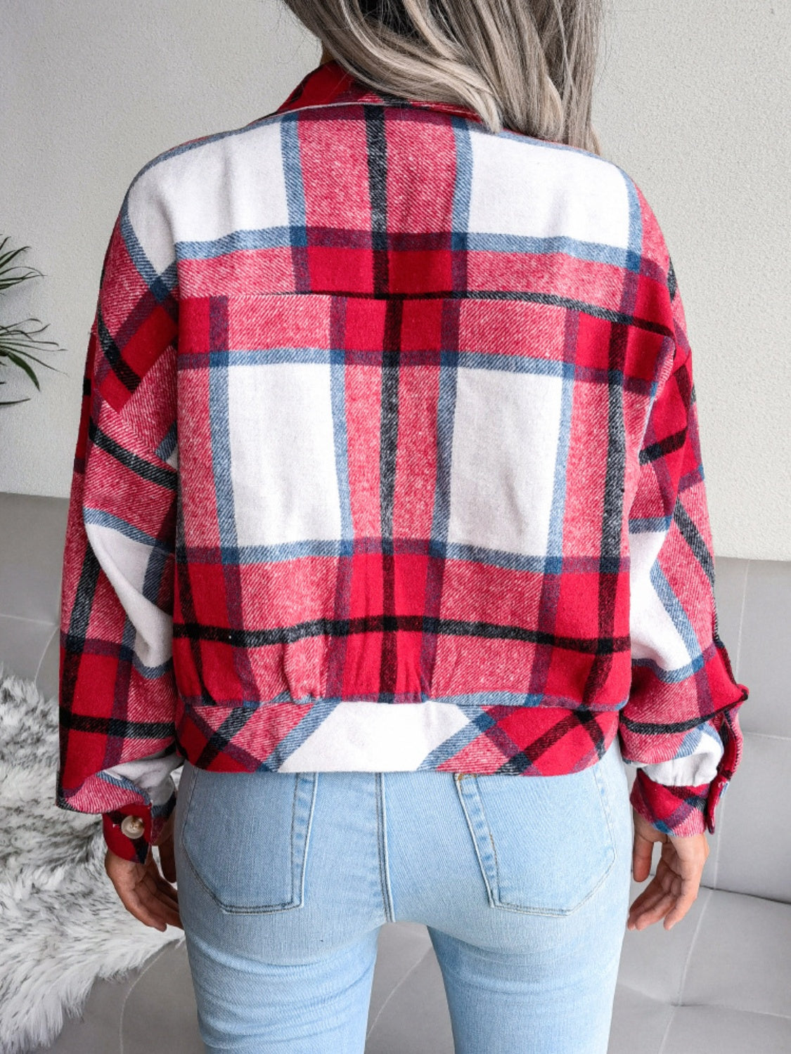 Plaid Wool Blend Lantern Sleeve Cropped Shacket