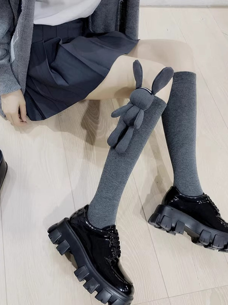 3D Rabbit Plush Ribbed Knee High Socks Grey