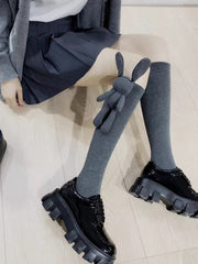 3D Rabbit Plush Ribbed Knee High Socks Grey