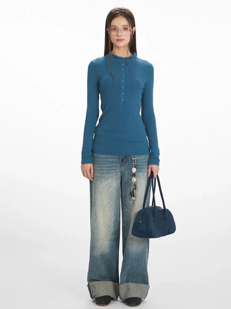 Y2K Essential Ribbed Henley Long Sleeve Top - TEVQA