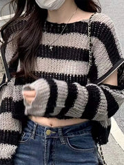 Y2K Grunge Striped Crop Sweater - TEVQA