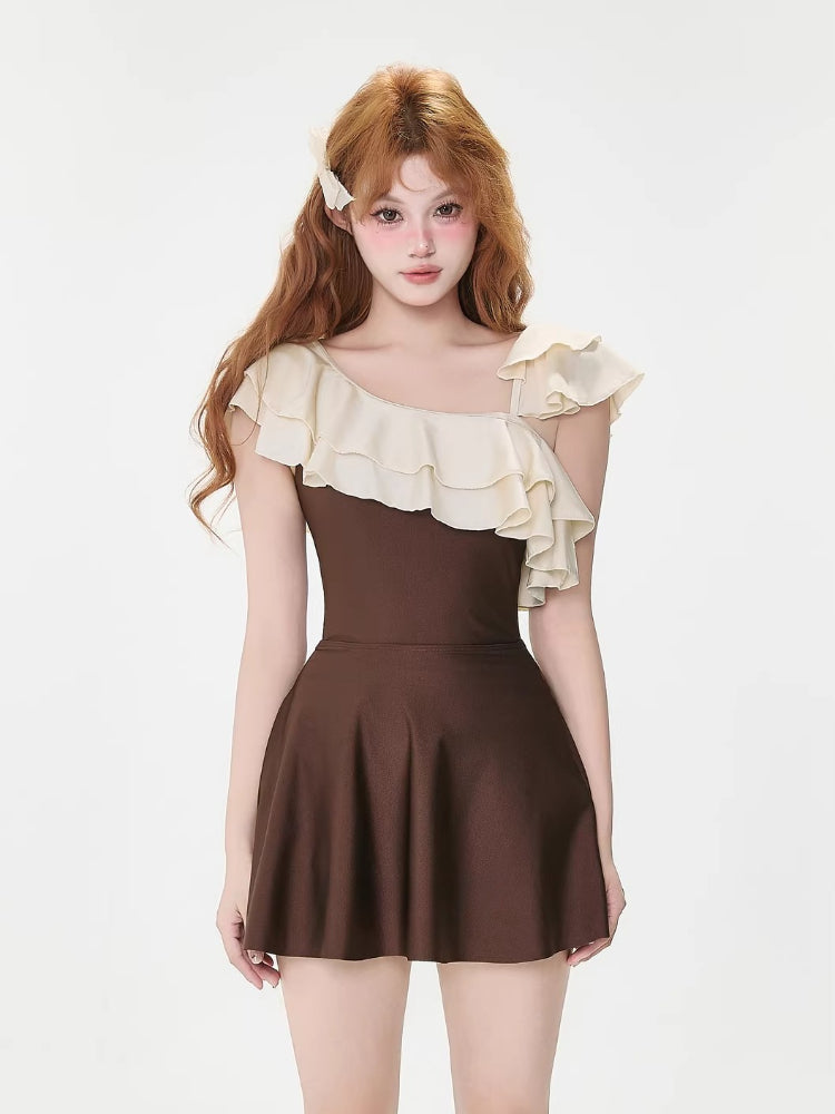 Ruffled One-Shoulder Swimsuit Brown