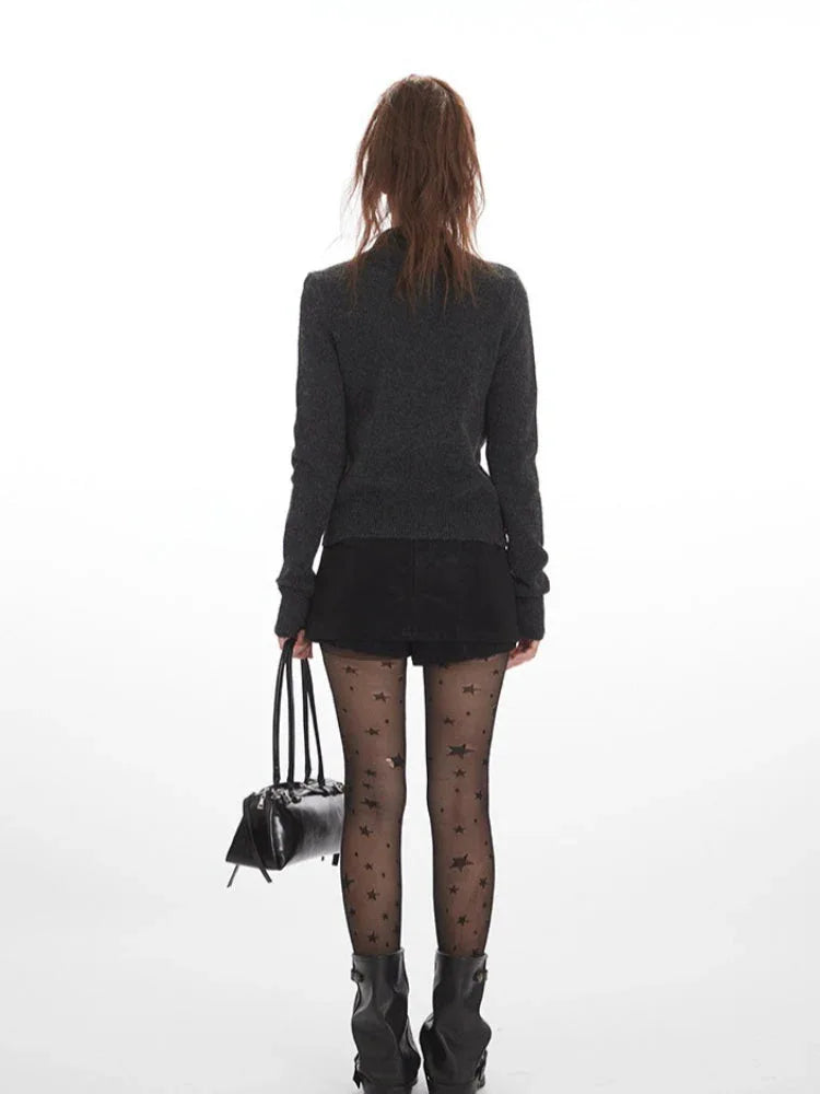 Y2K Grunge Cross Zip Up Knit Cardigan - TEVQA