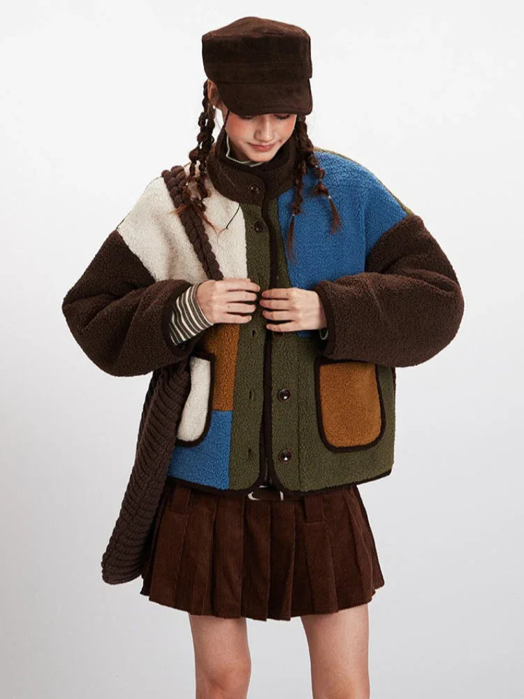 Retro Patchwork Sherpa Fleece Jacket - TEVQA
