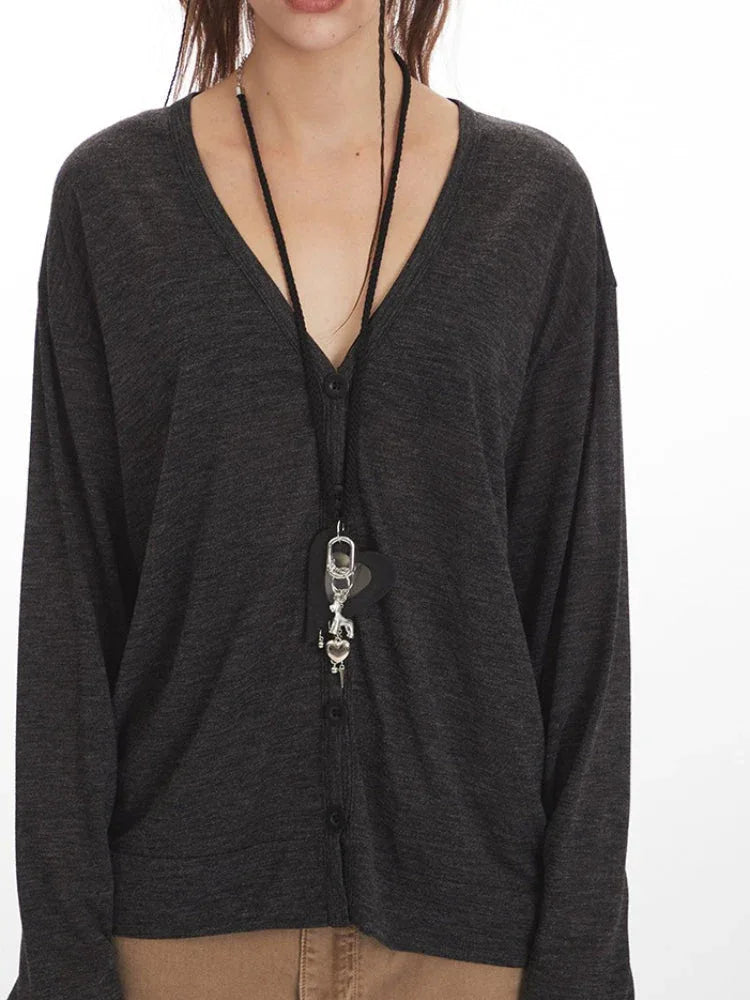 Vintage Charcoal Slouchy V-Neck Cardigan - TEVQA