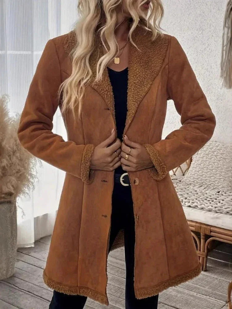 Vintage Chic Faux Suede & Shearling Mid-Length Coat - TEVQA
