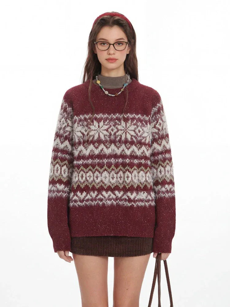 Vintage Burgundy Fair Isle Knit Sweater - TEVQA