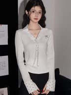 Ribbed V-Neck Top with Polka Dot Trim - View 6 | TEVQA