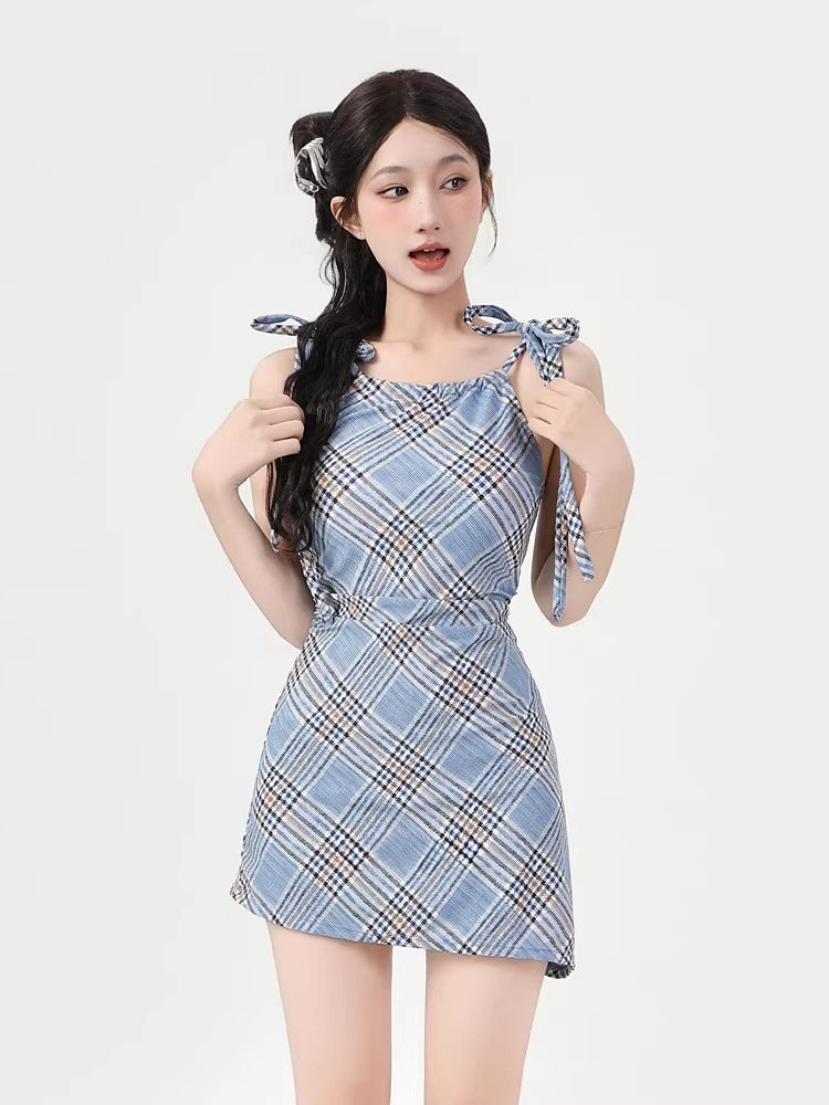 Light Blue Plaid Tie-Shoulder Swim Dress