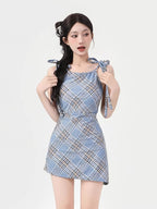 Light Blue Plaid Tie-Shoulder Swim Dress