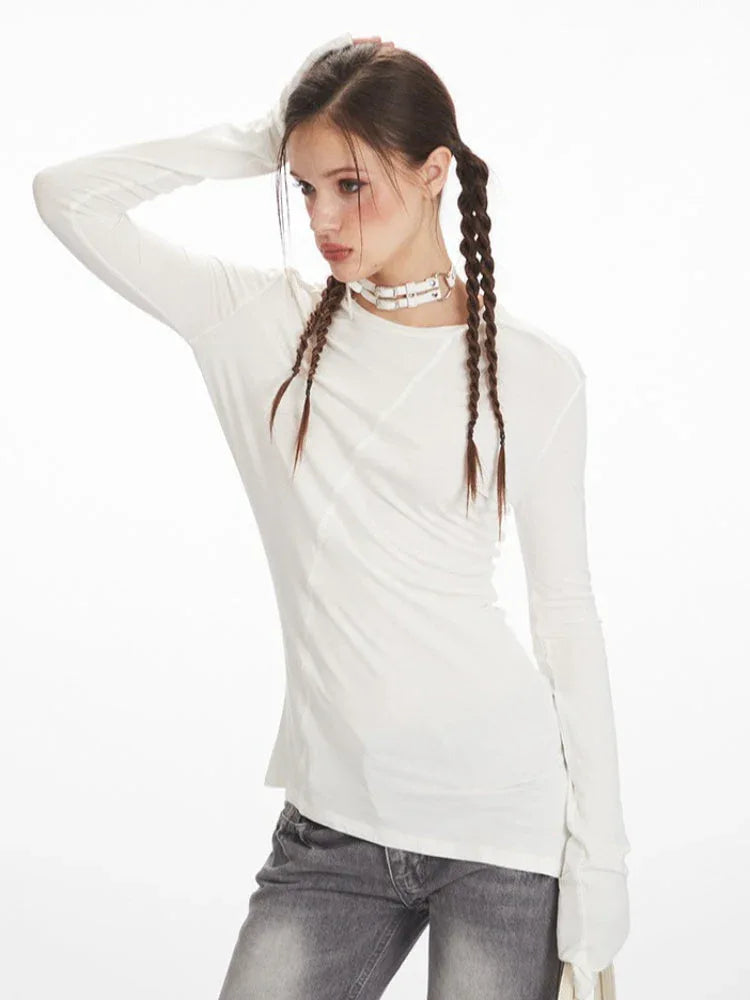 White Irregular Exposed Seam Long Sleeve Top - TEVQA