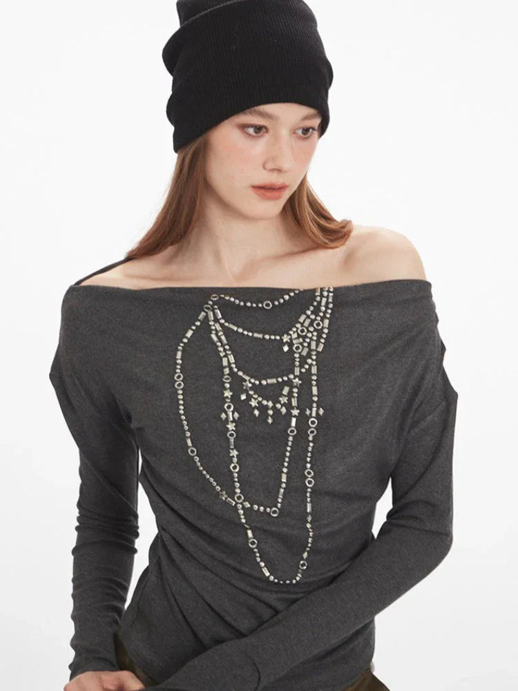 Y2K Grunge Rhinestone Necklace Off-Shoulder Top - TEVQA