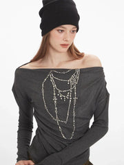 Y2K Grunge Rhinestone Necklace Off-Shoulder Top - TEVQA