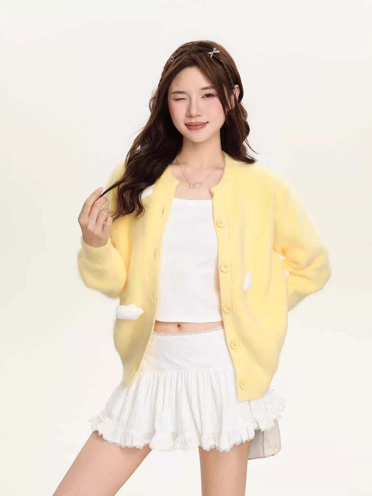 Yellow Plush Knit Cardigan with 3D Floral Accents