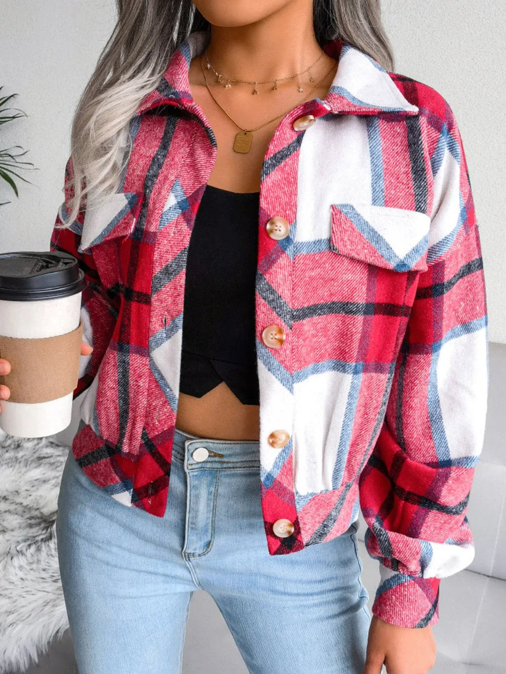 Plaid wool blend cropped shacket with lantern sleeves - View 19 | TEVQA