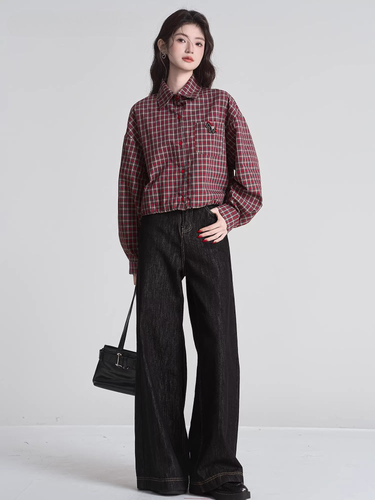 Red Plaid Drop Shoulder Cropped Button Shirt