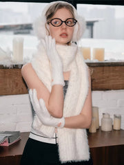 Snow White Extra Long Fuzzy Knit Scarf with Tassels