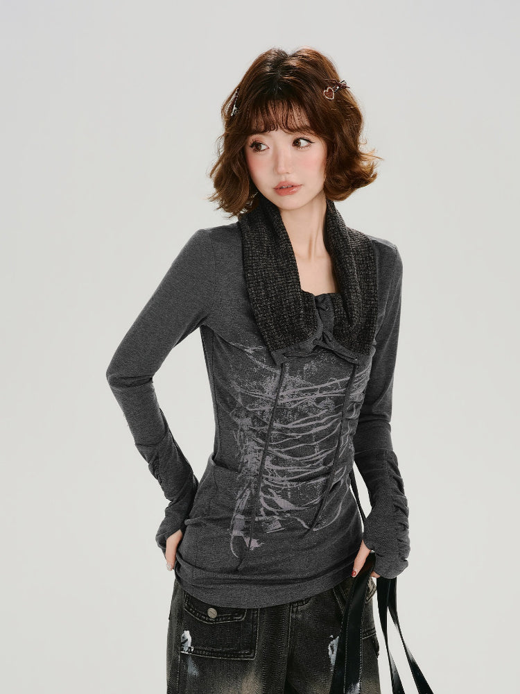 Vintage Graphic Slim Long Sleeve Top with Textured Collar - Dark Grey