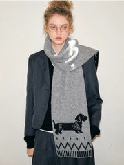 Grey Knit Scarf with Dachshund Dog Pattern