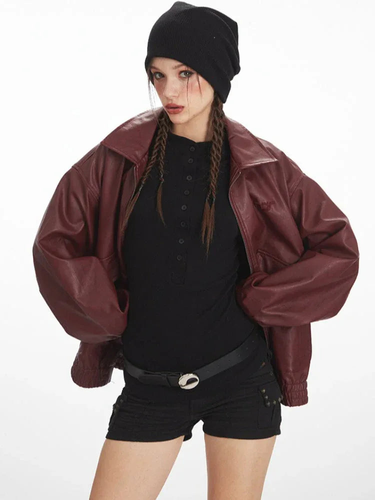 Vintage Burgundy Oversized Faux Leather Bomber Jacket - TEVQA