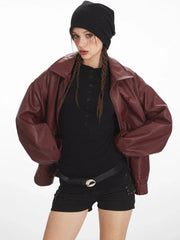 Vintage Burgundy Oversized Faux Leather Bomber Jacket - TEVQA