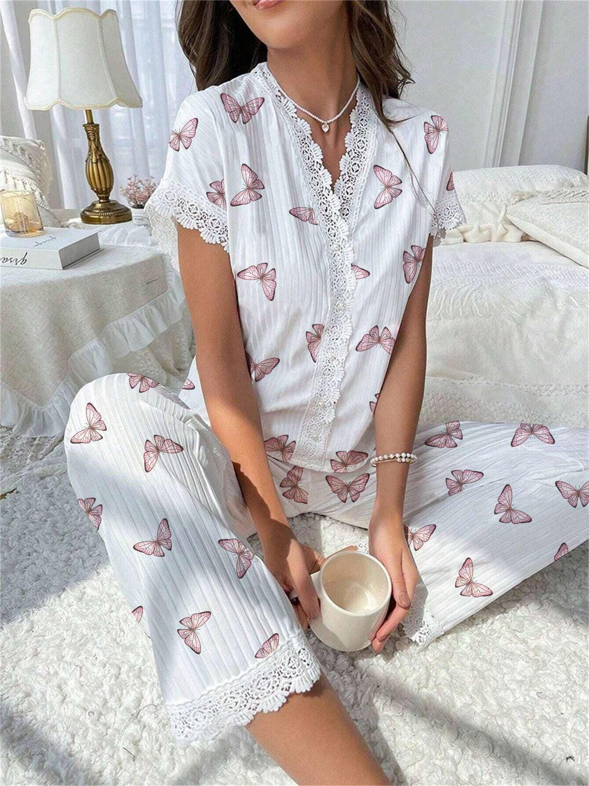 Cherry print ribbed pajama set with lace trim - View 16 | TEVQA