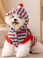 A white Bichon Frise dog wearing a blue and red striped hooded dog coat with a red pom-pom on the hood.