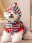 A white Bichon Frise dog wearing a blue and red striped hooded dog coat with a red pom-pom on the hood.