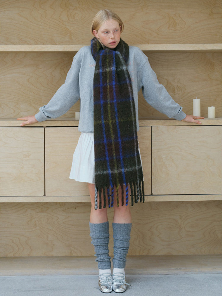 Oversized Wool Blend Plaid Scarf with Chunky Fringe