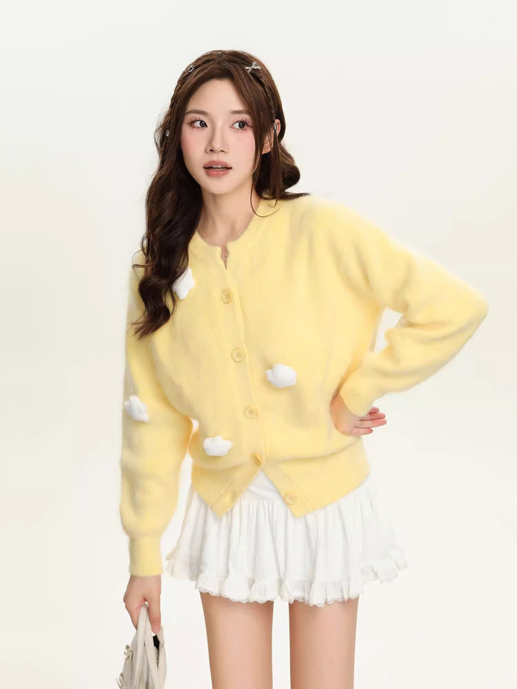 Yellow Plush Knit Cardigan with 3D Floral Accents