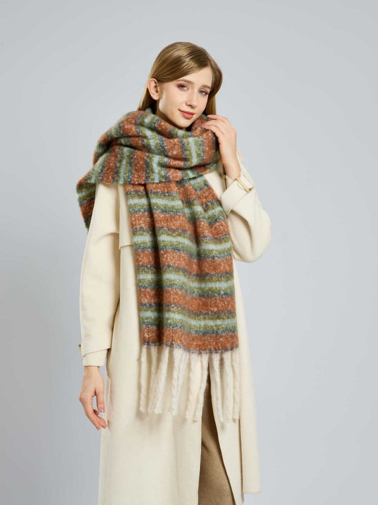 Heavyweight striped scarf with brushed texture and fringed hem - View 6 | TEVQA