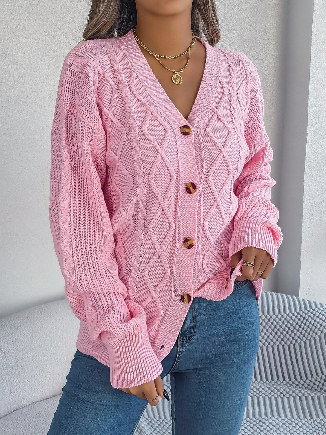 Pink Cable Knit Button Down Cardigan