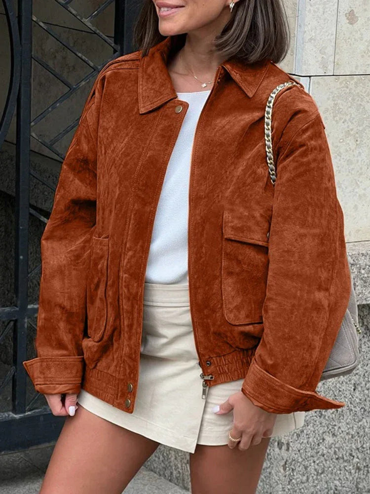 The Sienna Vintage Faux Suede Bomber Jacket - TEVQA Main image