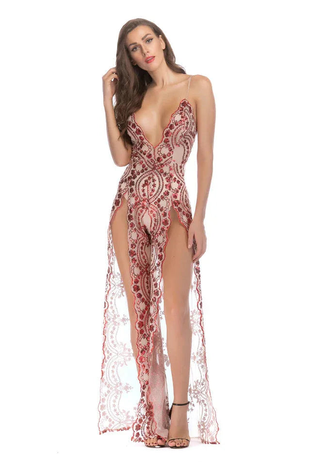 Sequined lace maxi dress with high slit - View 6 | TEVQA