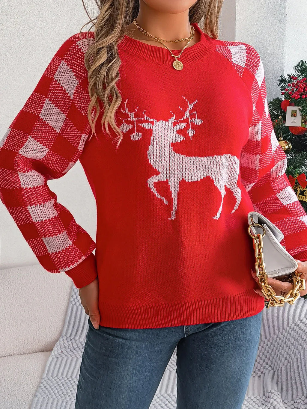 Festive Reindeer Knit Pullover Sweater - View 6 | TEVQA