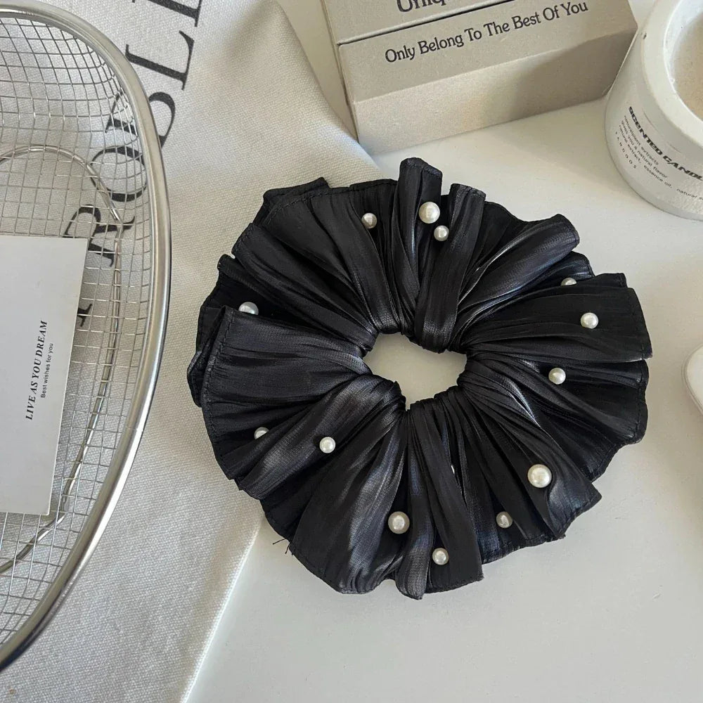 Jumbo Plissé Satin & Pearl Scrunchie (7 Inch) - TEVQA