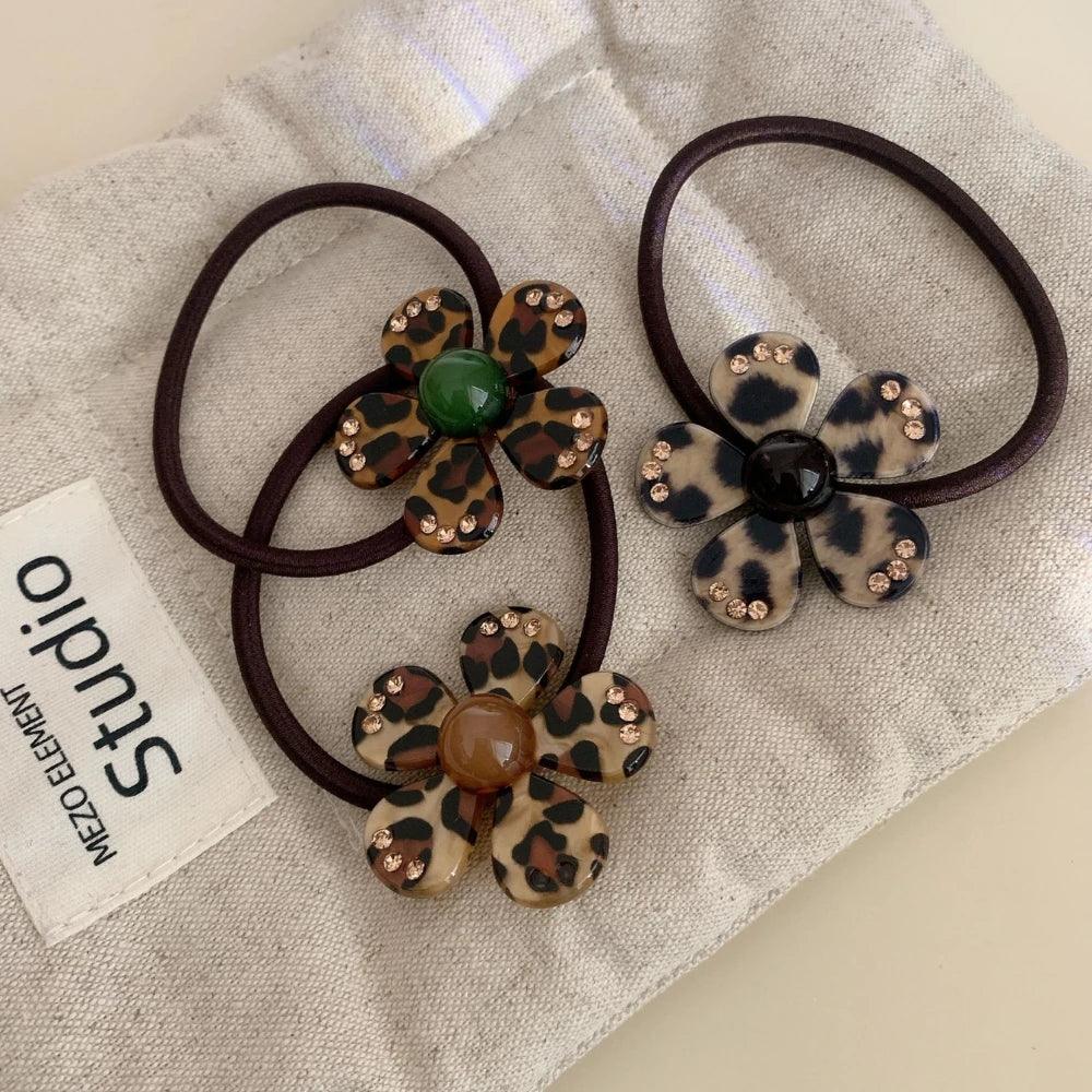 Acetate Leopard Flower Charm Hair Tie with Rhinestones (2.2 Inch) - TEVQA