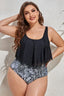 Plus-size tankini swimsuit with black ruffled top and snake print bottom