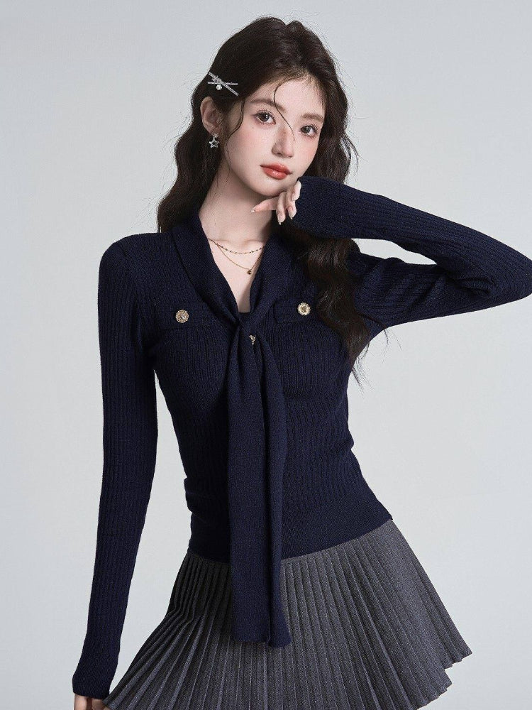 Tie-Neck Ribbed Knit Top Dark Grey