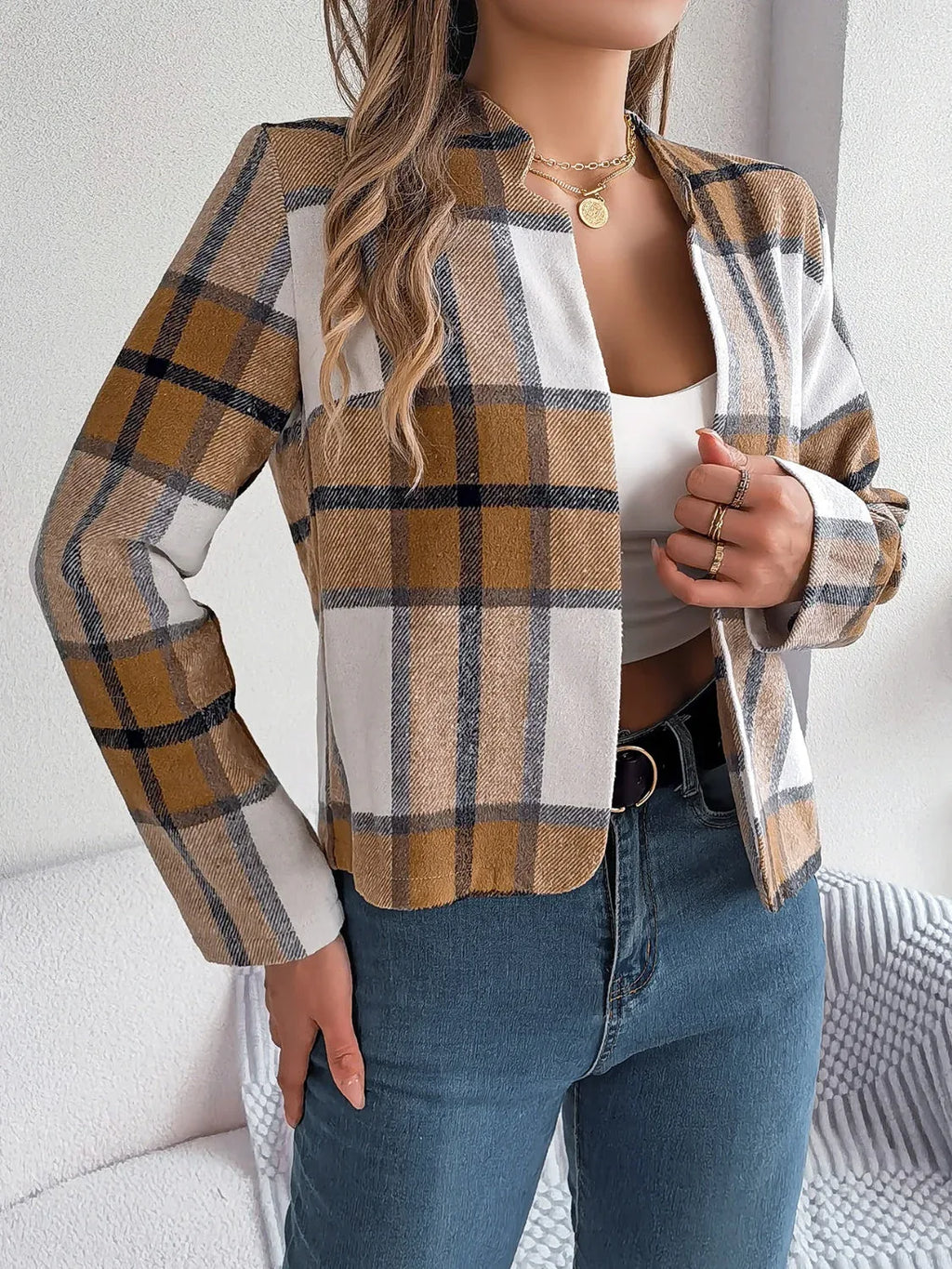 Navy blue plaid cropped jacket - View 11 | TEVQA
