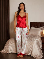 Women's satin pajama set with lace trim camisole and heart print pants - View 4 | TEVQA