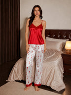 Women's satin pajama set with lace trim camisole and heart print pants - View 7 | TEVQA