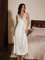Satin lace V-neck sleep dress with open back - View 3 | TEVQA