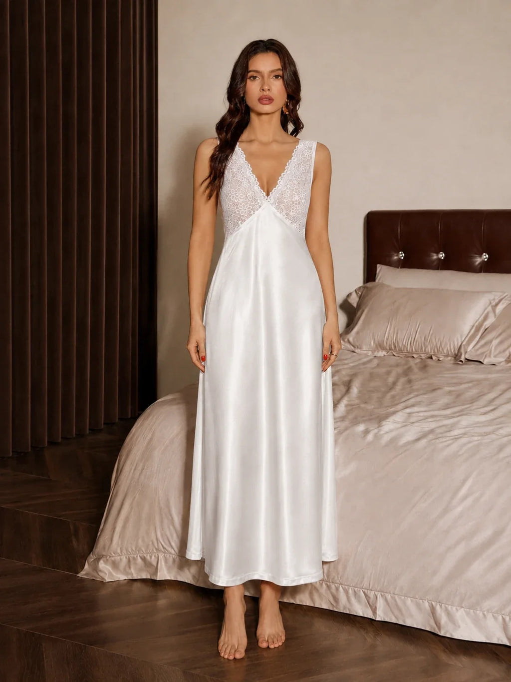 Satin lace V-neck sleep dress with open back - View 4 | TEVQA